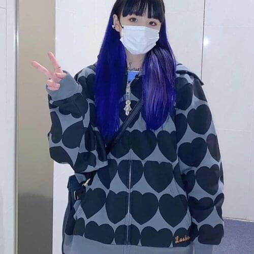 Deeptown Harajuku Hoodie Women Gothic Zip Up Sweatshirt Heart Printing Zipper Tracksuit Korean Style 2021 Punk Alt Clothes Goth