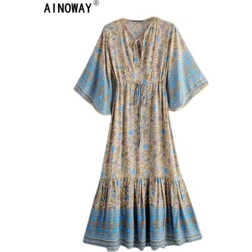 Vintage Chic women Floral print batwing sleeve beach Bohemian maxi dress Ladies V-neck Tassel Summer Boho happie dress vestidos