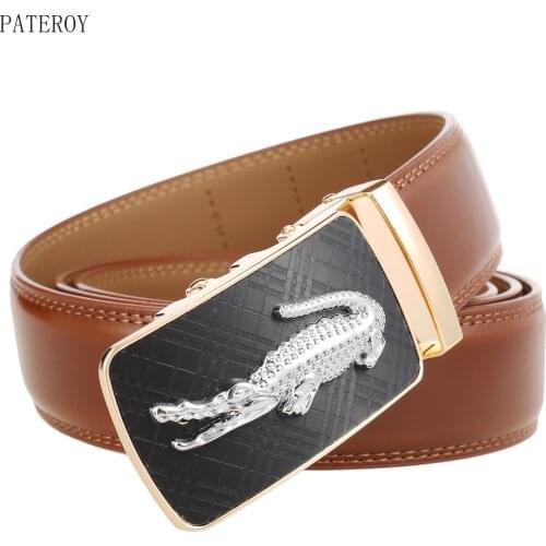 High Quality Men Leather Belt Genuine Waistband Fashion Luxury Brand Designer Automatic Buckle Crocodile Strap Brown 130 Cm Gift