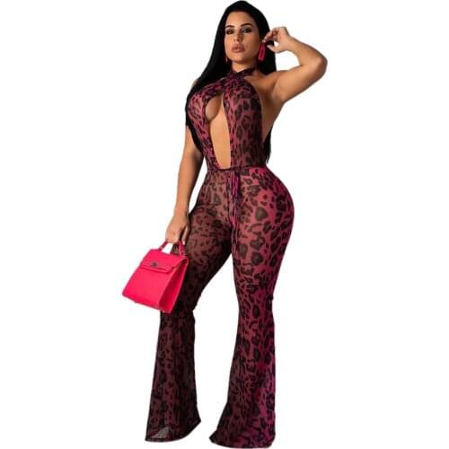 Leopard Print Sexy Jumpsuit Women Crisscross Lace Up Halter Backless Rompers Night Club Party Female Outfits Wide Leg Bodysuit