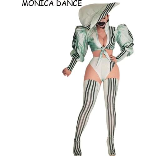Women Stripe Puff Sleeve Top Shorts Hats Outfits Women Sexy Nightclub Jazz DJ Singer Stage Sets Dancer Performance Costumes