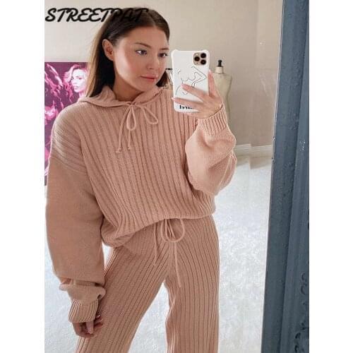Ribbed Knitted 2 Two Piece Set Women Long Sleeve Hoodie Sweatshirt Wide Leg Sweat Pants Fitness Matching Sets Ensemble Femme