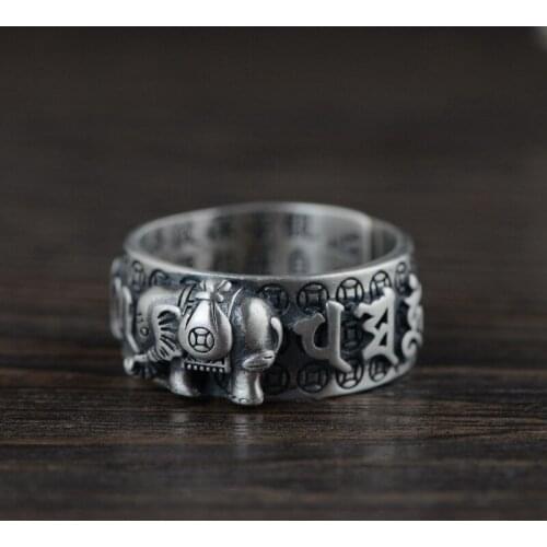 100% 925 Silver Lucky Elephant Ring Tibetan OM Mani Padme Hum Ring Sterling Buddhist OM Ring Pure Silver Tibetan Ring resizable