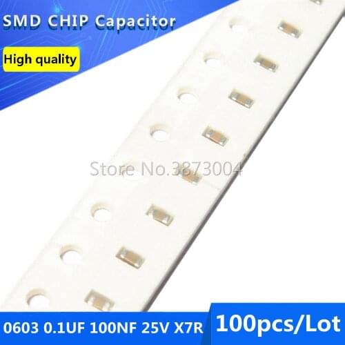 100pcs 0603 0.1UF 100NF 25V X7R 10% SMD Chip Capacitor