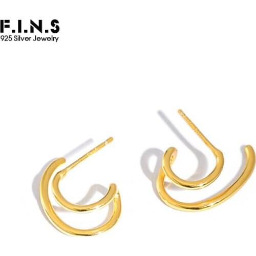 F.I.N.S Pure 925 Sterling Silver Irregular Layered Earrings Geometry C-Shaped Double Circle Earrings Hoops Wedding Fine Jewelry