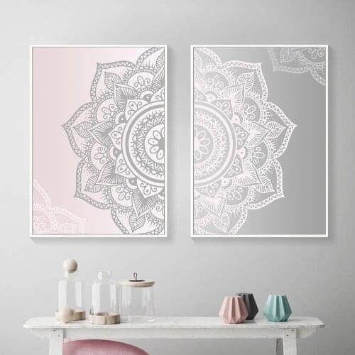 Abstract Pink Gray Bohemia Mandala Round Floral Canvas Poster and Print Paintings Wall Art Pictures for Living Room Home Decor