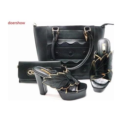 Doershow African Wedding Shoes and Bag Set BLACK color African Matching Shoes and Bags Italian In Women High Quality SBR1-3