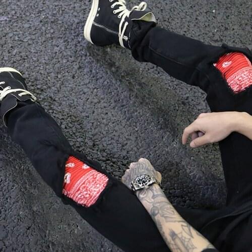 Plegie Bandana Patchwork Ripped on Knee Mens Jeans High Street Jeans Men Hip hop Denim Pants slim fit black jeans Joggers