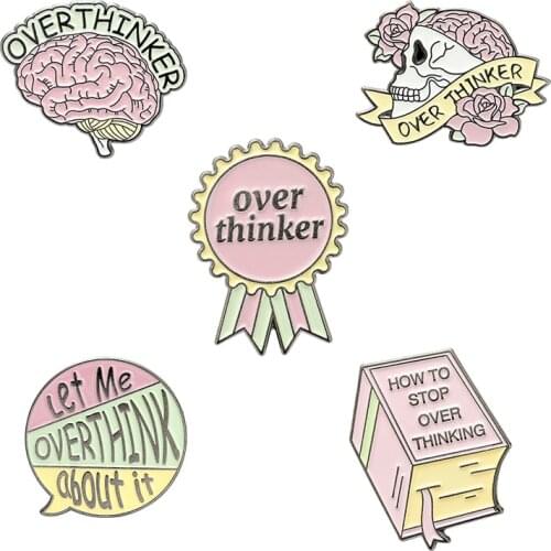 Overthinker Enamel Pins Cartoon Overthinking Award Brain Skull Book Brooches Bag Lapel Badge Fashion Jewelry Gift for Friends