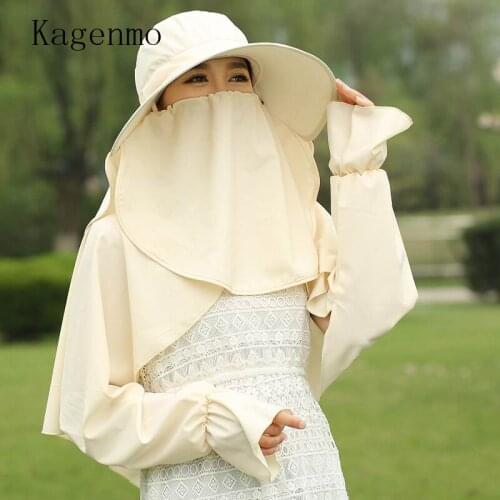 Kagenmo Two Wear Cycling Women Sun Hat Big Brim Face Arm Sleeve Protection Female Summer Hat Thin Breathable Full Protection Cap