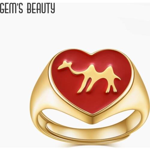 GEMS BEAUTY 18k Gold Filled 925 Sterling Silver Heart Ring Enamel Camel Adjustable Ring For Women Romantic Gift
