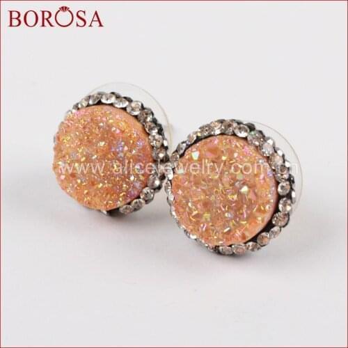 BOROSA Round Titanium Rainbow Druzy Stud Earrings,Natural Drusy Quartz Stone Fashion Earrings Pave CZ Gems for Women JAB751