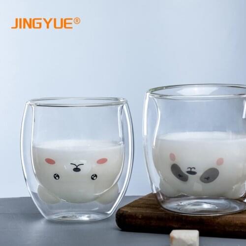 Cute Cartoon Glass Milk Coffee Mugs Borosilicate Glass Insulated Bear Shaped Double Wall Glass Cup