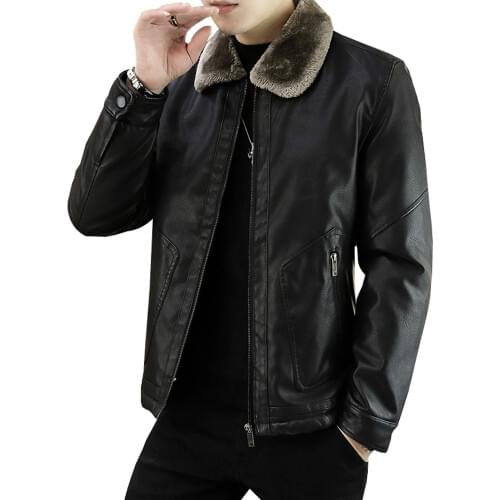 Mens Leather Jacket Slim Fit Cool Korean Trend Motorcycle Clothing Plus Velvet Fur Collar Warm Leather Coat Jacket Mens Top