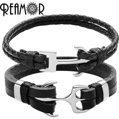 REAMOR 316L Stainless Steel Anchor Charms Bracelets Black Double Genuine Leather Friendship Bangles & Bracelets Jewelry For Male