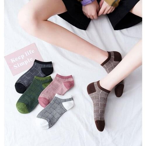 Spring And Summer The New Women Fashion Cotton Lattice Color Matching Socks Female Retro Short Heel Breathable Socks