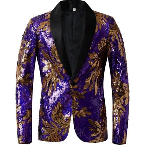 New Purple Gold Leaves Pattern Sequins Blazer DJ Night Club Singers Slim Fit Blazer for Men Suit Jacket Stage Shiny Costume