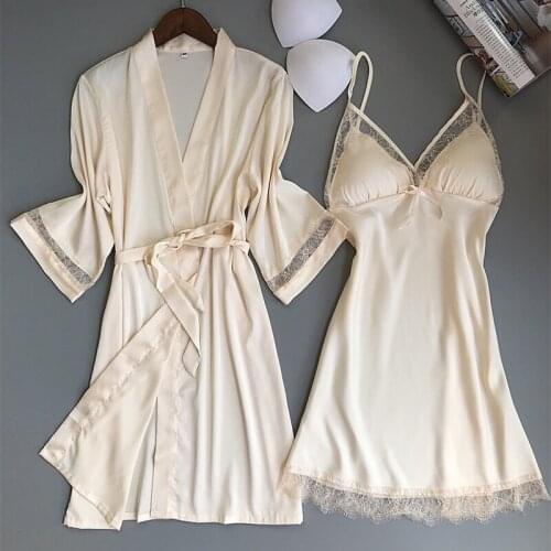 2020 two piece 5 color robe pajamas for women sexy lace silk robe & gown set sleep dress+bathrobe sleepwear home clothing