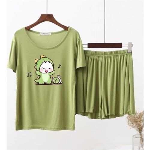 Women Short Sleeve Summer Pajamas Set Loose O-neck Modal Homewear Cute Cartoon Green Little Dinosaur Women Fresh Green Sleepwear