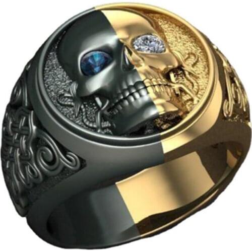 Megin D Silver Plated Skull Punk Half Gold Half Silver Blue Stone Evil Eyes Vintage Rings for Men Women Couple Friends Jewelry