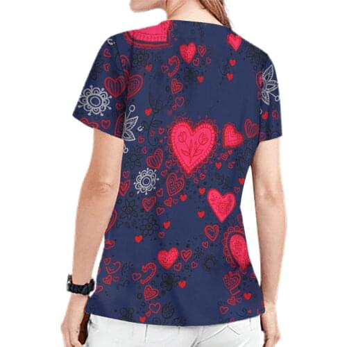 Pink Heart Print Nurse Uniform Women Short Sleeve V-Neck Funny Graphic T-Shirt Hospital Beauty Salon Working Scrub Tops A40