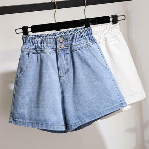 Elastic waist White Denim Shorts Female Summer New Style Student Korean Loose High waist Wide leg jeans Casual Womens Hot pants