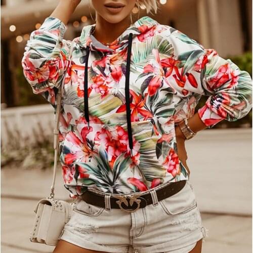 Hoodies Women Hooded Sweatshirts Fashion Casual Floral Long Sleeve Temperament Pocket Fall/Winter Loose Pullover Ropa Mujer G4