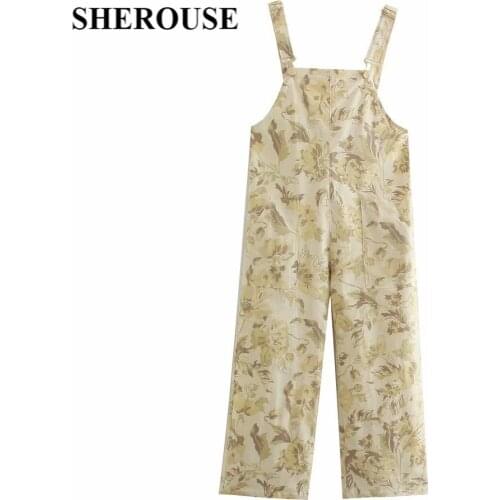 SHEROUSE Vintage Women Floral Printed Overalls Hight-waist Loose Wide Leg trousers woman Casual Retro Pants pantalon pour femme