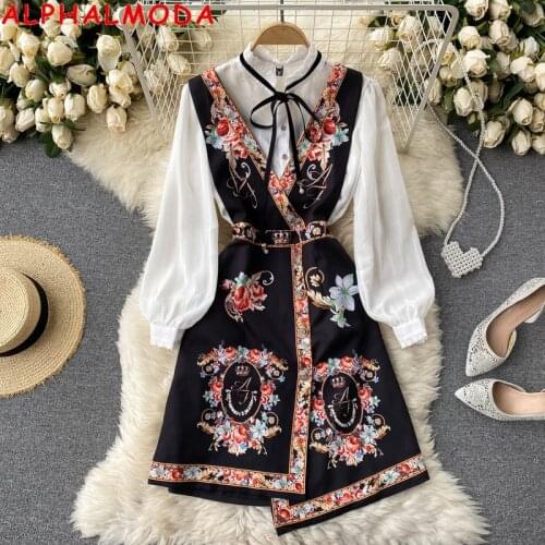 ALPHALMODA Classical Printed Irregular Design Sleeveless Dress +long Sleeve White Shirt Set Women Ethnic Style Clothes Set