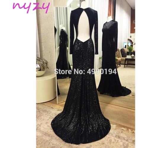 NYZY P29 Mermaid Black Prom Dress Long Sleeves Sexy Backless Sequin Gown Formal Dress Women Elegant vestido de festa longo 2019