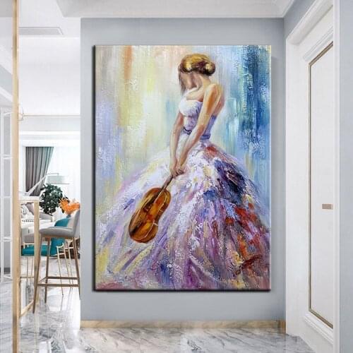 100% Hand Painted Violin Girl Abstract Hand Made Oil Painting Wall Art Home Decor Wall Pictures Modern On Canvas Frameless