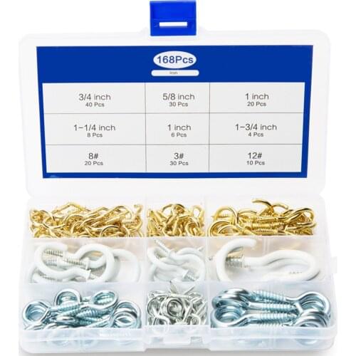 168Pcs/Box Eye Screw Sheep Eye Screw Golden Lamp Hook Plastic Cup Hook DIY Rope Accessories Assortment Kit