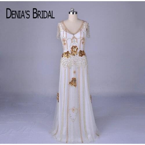 2018 Luxury Beaded Evening Dresses Real Image V Neck Sheath Floor Length Gowns