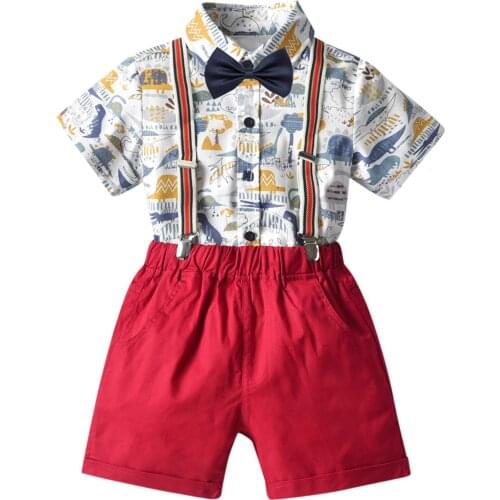 2021 Fashion Kids Clothes Girls Outfits Toddler Baby Boys Gentleman Bowtie Dinosaur T-shirt Suspenders Shorts Outfits ropa niña