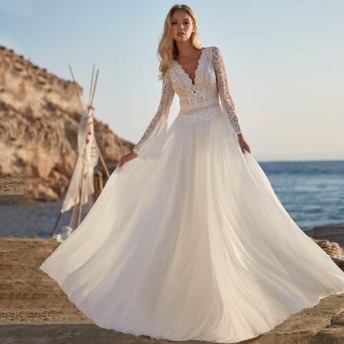 A-Line Chiffon Lace Long Sleeve Boho Wedding Dress 2021 V-neck Corset Appliques Sweep Train Backless Bridal Gowns