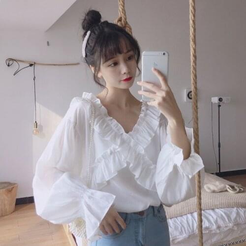 Spring Summer Ruffled V-neck Loose Lantern Sleeve Shirt High-Looking Top for Women Blouse Women Blusas Ropa De Mujer