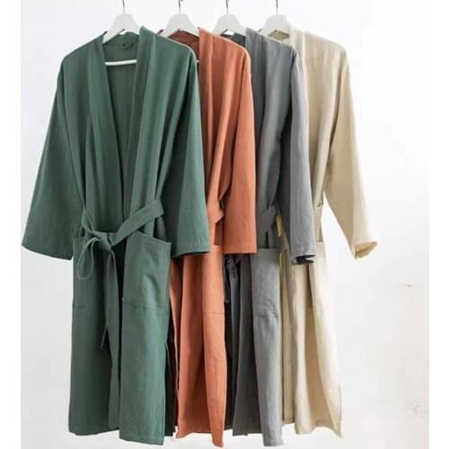 Simple Natural Lovers Robe Bathrobes Solid Womens Cotton Linen Kaftan Sleeprobe Mens Japanese Kimono Gown Loose Home Clothes