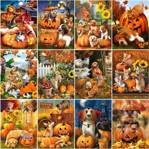 HUACAN Full Drill Diamond Painting Dog Rhinestone Kit Diamond Embroidery Animal Cross Stitch Mosaic Pumpkin Autumn Decoration