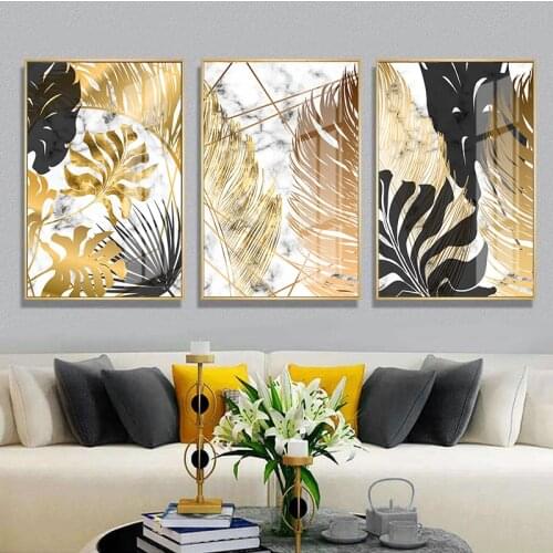 Golden Black Leaf Plants Canvas Painting Marble Nordic Posters and Prints Wall Art Pictures for Living room Modern Home Decor