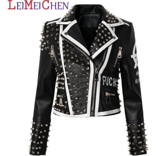 LEIMEICHEN Tide Brand New Punk Style Jacket Fashion Personality Women Rivet Slim Jacket Short Leather Jacket Female Streetwear