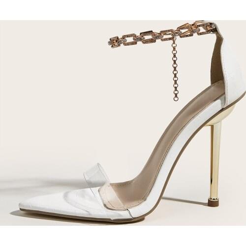 Fashion PVC Women Shoes Metal Decoratio Bling Chain Crystal Pointed Toe Sweet High Heels Ladies Sandals 2021 NEW Summer