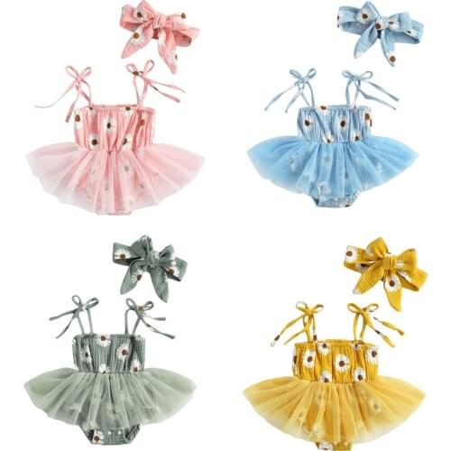 Baby Girls Lace-Up Suspender Romper Dress Daisy Printing Mesh Yarn Jumpsuits and Headband Baby Summer Clothing