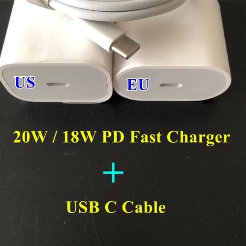 PD 20W 18W USB-C Power Adapter Charger US EU UK Plug Fast Charging For Phone 12 mini 11 Pro Max XS XR USB Type C Data Sync Cable