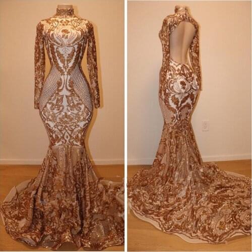 Champagne Gold Mermaid Evening Dresses 2021 vestidos de fiesta de noche Real Photos Long Sleeve Sequins Lace Prom Dress Formal