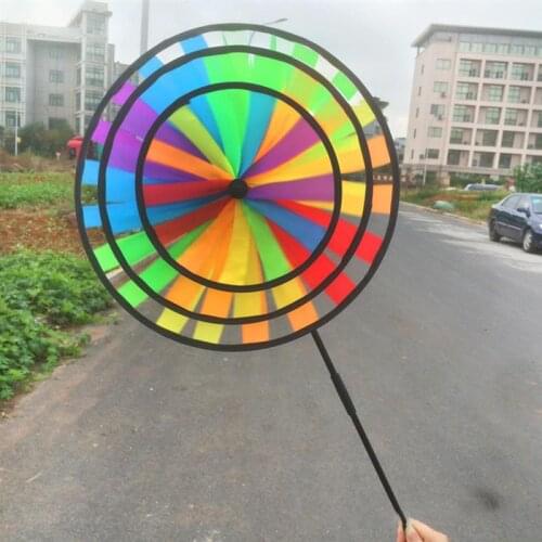 36cm Triple Wheel Windmill Handmade Colorful Rainbow Wind Spinner Windmill Garden Yard Outdoor Decor Classic Toy for Kids Gift