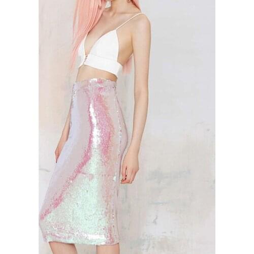 Cakucool Silver Sequined Beaded Skirt Slim Straight Mid Long Pencil Skirt Embellish Casual High Waist Pink Vintage Sexy Skirt