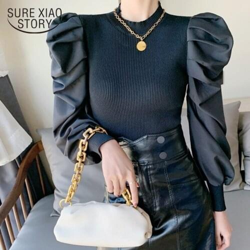 Spring New Retro Bubble Sleeves Spliced Blouse Classic Black and White Short Slim Bottoming Tops for Women Chemisier Femme 12742