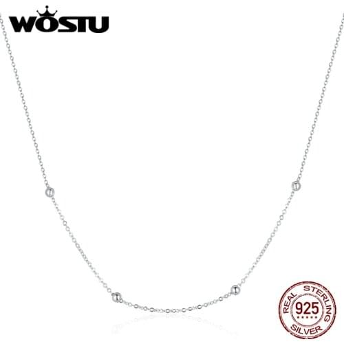WOSTU Sterling Silver 925 Shining Simple Bead Chain Pendant Necklace for Women Chain Necklaces Fine Jewelry BNN224