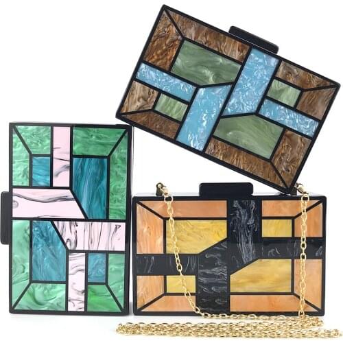 European Magnetic Snap Acrylic Evening Bag Geometric Patchwork Party Prom Handbag Woman Phone Makeup Wide Chain Day Clutch Purse