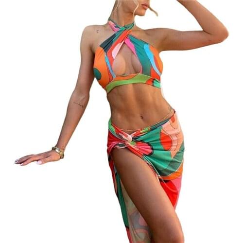 202 Women Print Ruched Swimsuit Beach Wear Wrap Top And Skirt Two Piece Set Backless Sleeveless Matching Set Club Outfits